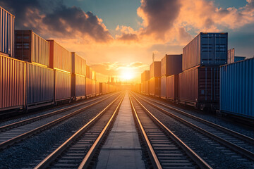 Fototapeta premium Railway tracks leading through rows of colorful stacked shipping containers in a freight terminal under sunset sky