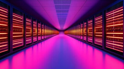 Fototapeta premium Rows of glowing servers in a data center.