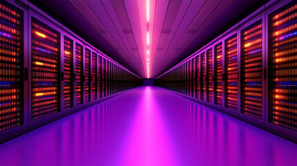Fototapeta premium Rows of servers glow in a data center lit with purple and pink light.