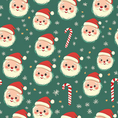 Pattern Tile, Candy cane pattern with smiling Santa faces on a green background