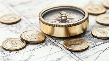 Navigate financial success with a golden compass on a map filled with symbols of wealth and opportunity