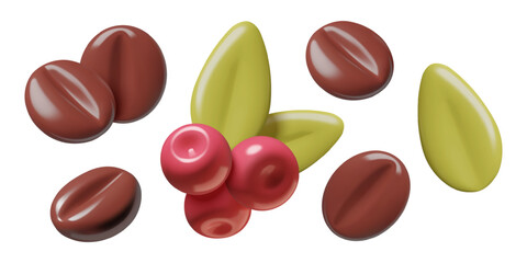 Roasted coffee beans, cherries and green leaves 3d design elements set isolated on white background. Three dimensional vector illustrations set.