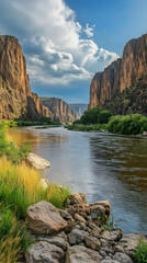 A tranquil river flows through a canyon, surrounded by rocky cliffs, lush vegetation, and a blue sky with fluffy clouds.
