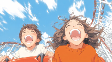 Two friends scream with joy on a roller coaster.