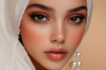 A woman with brown eyes and a tan complexion is wearing a white scarf