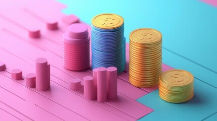 A colorful arrangement of graph-like structures made from layered paper, featuring stacks of coins and bars in shades of pink, blue, and yellow.