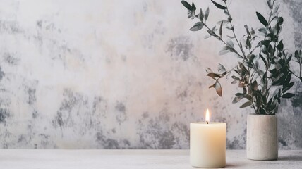 Lit candle and potted plant on minimalist background
