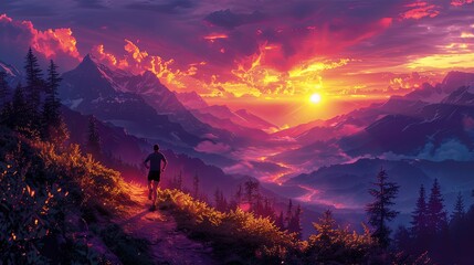 A runner moves along a dirt trail as the sun sets behind the mountains. The air is cool, and the sky is ablaze with oranges and purples, making the runner feel alive and energized
