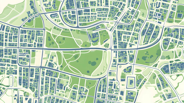 An aerial view of a city with roads, parks, and buildings.