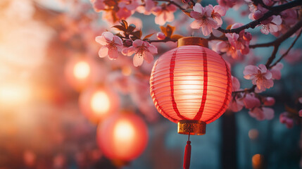 Fototapeta premium delicate branch of cherry blossoms with soft pink flowers, emerging buds, and vibrant green leaves against a blurred background. Symbolizing renewal, fleeting beauty, and the awakening of springtime
