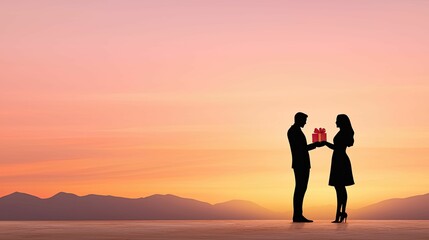 Fototapeta premium A couple stands silhouetted against a pink sunset, exchanging a gift, embodying love and romance in a serene outdoor setting.