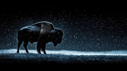 Bison walking through snowy landscape at night, serene scene