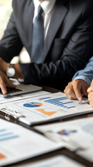 Executive team in an institutional setting discussing economic trends and allocation of assets