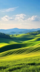 Obraz premium Rolling green hills and fields under a blue sky with white clouds.