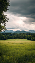 Fototapeta premium Rolling green hills with a dramatic cloudy sky.