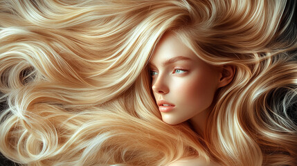 Naklejka premium Close-up of blonde hair strands with warm, golden tones. This detailed texture captures the light and movement, symbolizing beauty, vitality, and the elegance of natural hair in a soft and radiant way