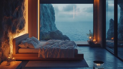 A cozy bed with ocean views through a floor-to-ceiling window, soft lighting, and sea-inspired decor in an underwater house