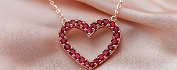 A sparkling heart-shaped necklace adorned with red stones, elegantly displayed on a soft, silky background.