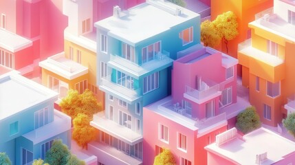 A colorful 3D rendering of vibrant residential buildings surrounded by trees, showcasing a dreamy urban landscape.