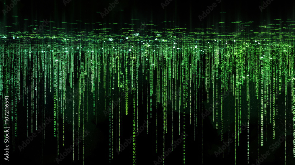 Poster matrix-inspired digital landscape with green binary code streams, floating data panels, and glowing 