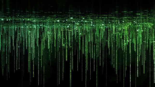 
Matrix-inspired digital landscape with green binary code streams, floating data panels, and glowing circuitry over a black background. tech wallpaper 