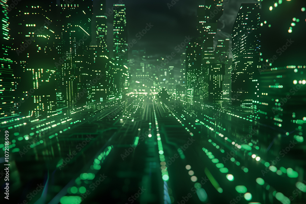 Poster matrix-inspired digital landscape with green binary code streams, floating data panels, and glowing 