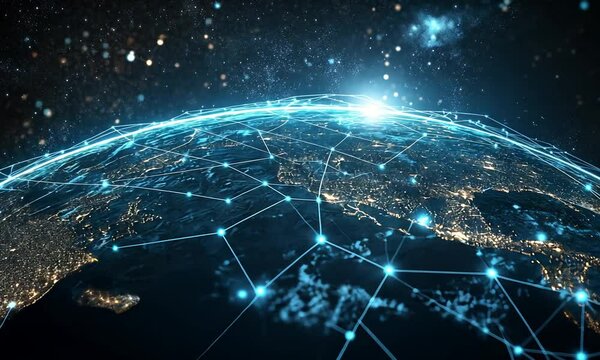 A close-up view of a digital world map with a network of lines connecting cities around the globe, glowing with blue light against a dark space background.