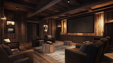 Fototapeta premium A spacious cinema room with rustic wood elements, deep leather recliners, and a high-definition screen, blending comfort with modern technology