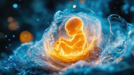 A glowing, ethereal baby fetus inside a swirling watery womb.