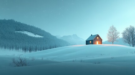 Fototapeta premium A small cabin with a glowing window sits on a snowy hillside against a backdrop of mountains and trees.