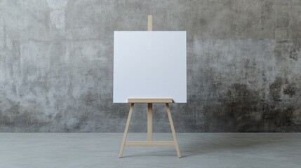A blank canvas on an easel against a textured gray wall, ideal for artistic expression or creative beginnings.
