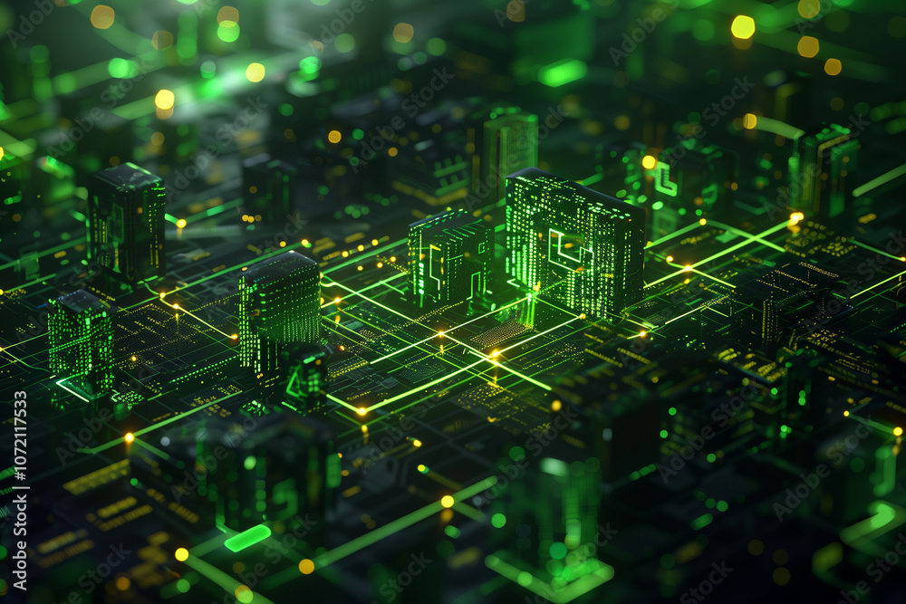 Poster matrix-inspired digital landscape with green binary code streams, floating data panels, and glowing 