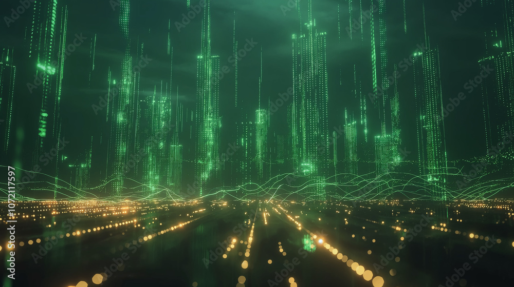Poster matrix-inspired digital landscape with green binary code streams, floating data panels, and glowing 