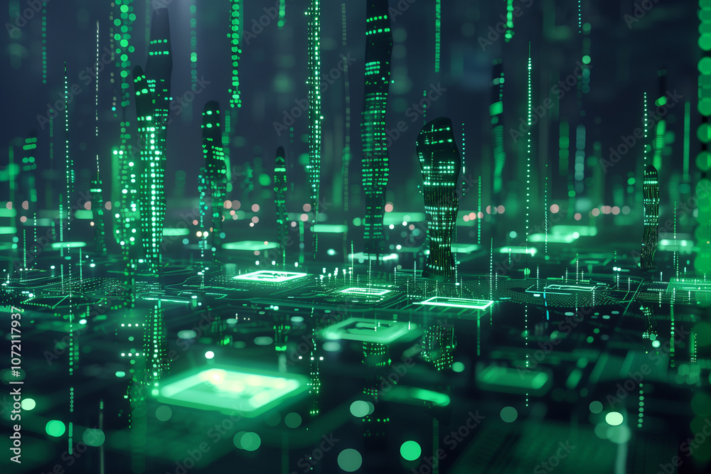 Poster matrix-inspired digital landscape with green binary code streams, floating data panels, and glowing 