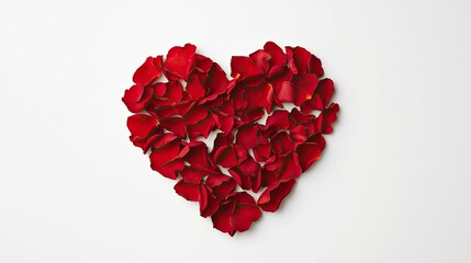 A heart shape created from vibrant red rose petals on a plain white background.