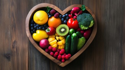 A heart-shaped wooden bowl brimming with fresh fruits and vegetables, including lemons, oranges, strawberries, and bell peppers, set against rustic wooden planks. Perfect for health-focused content.