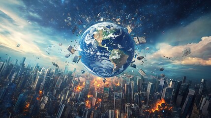 Obraz premium Earth Exploding Over a Cityscape with Fire and Debris Photo