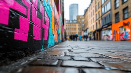 Naklejka premium A lively urban a narrow cobblestone alley adorned with vibrant graffiti in pink, blue, and orange. Wet cobblestones reflect the artwork, enhancing the atmosphere.