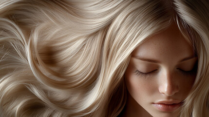 Naklejka premium Close-up of blonde hair strands with warm, golden tones. This detailed texture captures the light and movement, symbolizing beauty, vitality, and the elegance of natural hair in a soft and radiant way