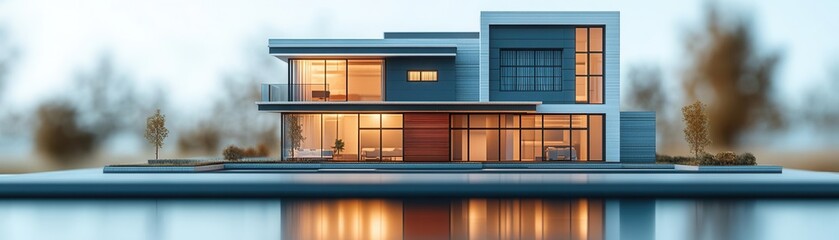 A modern waterfront residence with large windows, featuring a sleek design and surrounded by greenery, reflecting a serene lifestyle.