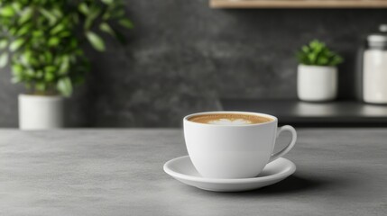 Fototapeta premium A cozy white coffee cup sits on a saucer against a minimalist background with greenery, inviting a moment of tranquility.