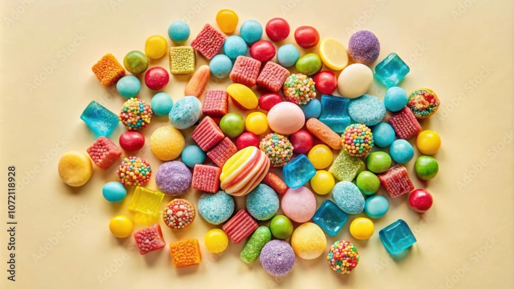 Poster a delightful collection of vibrant candies, featuring an assortment of shapes, sizes, and flavors, s