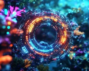 A glowing, futuristic ring with neon lights, surrounded by coral reef.