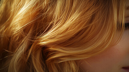 Fototapeta premium Close-up of blonde hair strands with warm, golden tones. This detailed texture captures the light and movement, symbolizing beauty, vitality, and the elegance of natural hair in a soft and radiant way