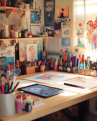 A well-organized art desk with various art supplies, an iPad and a drawing on the table, surrounded by colorful illustrations on the wall.