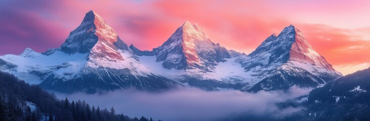 A mountain range with three peaks and a pink sky