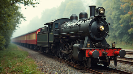 Obraz premium Vintage steam locomotive on misty railway track in forest