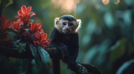 Obraz premium Curious Jungle Monkey Among Blossoms