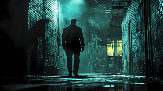 Editorial photography of a hitman character in a noir setting. Noir. Illustration