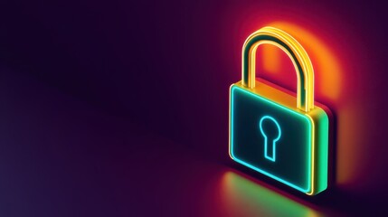 A vibrant neon padlock in glowing blue and yellow stands out against a dark background. striking image evokes themes of cybersecurity, protection, and technology.